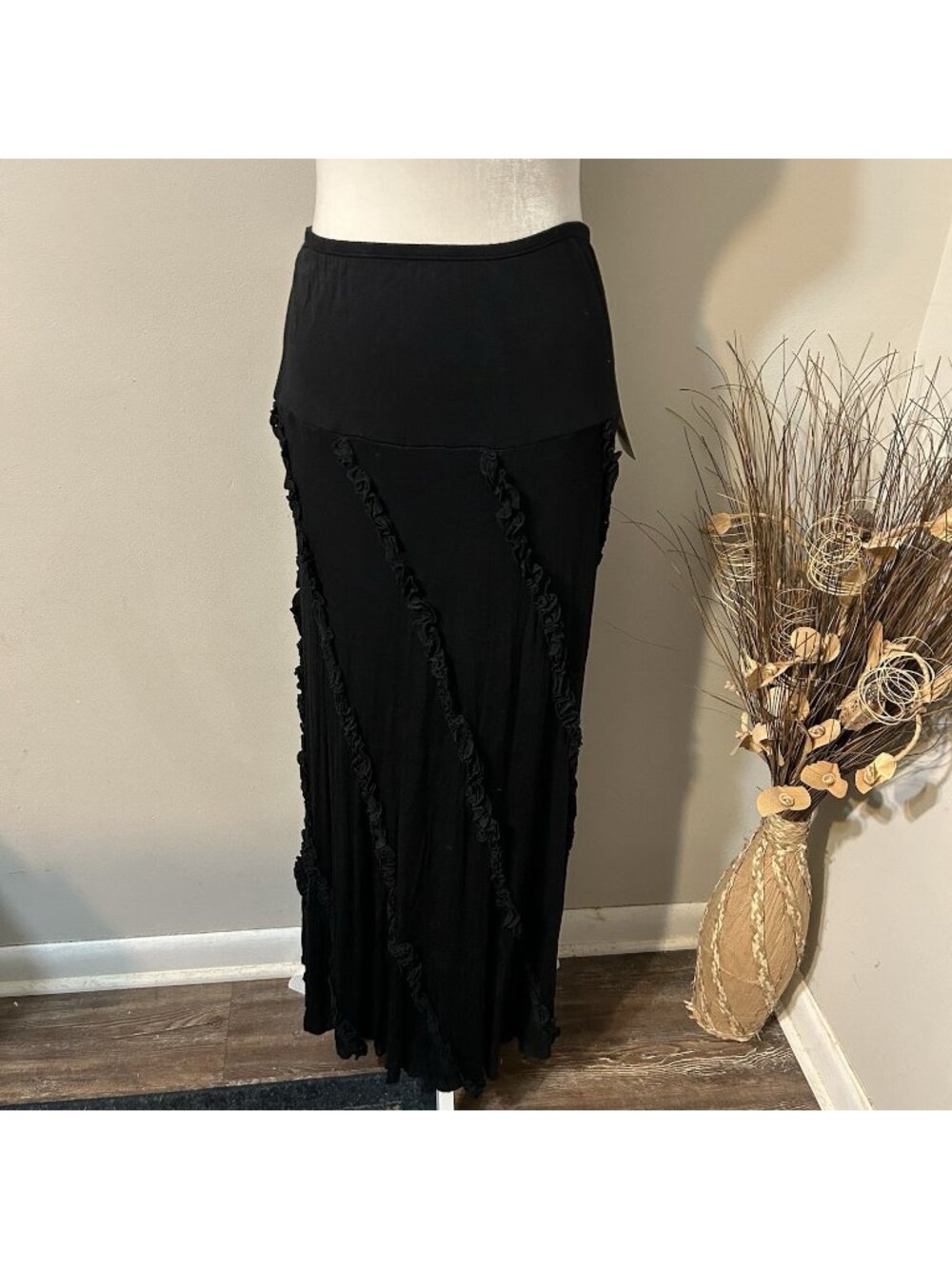 NWT Karen Kane Maxi Skirt Women Black Pull-on Ruffle Lines Fit & Flare Cotton M